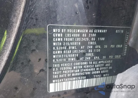 2016 Volkswagen Tiguan S from USA, damaged, VIN WVGAV7AX9GW525250